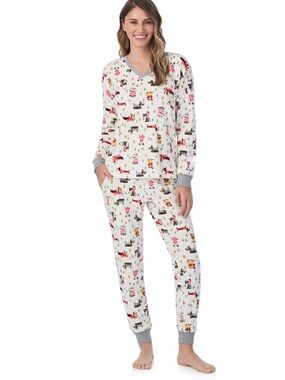 Cuddl Duds White Pink Dog Breed Print Velour Pajama Set with Gray Trim